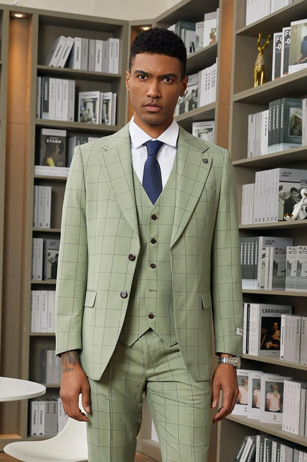  Stacy Adams Mens Windowpane Suit Sage Green Modern Fit SM155H1-05 