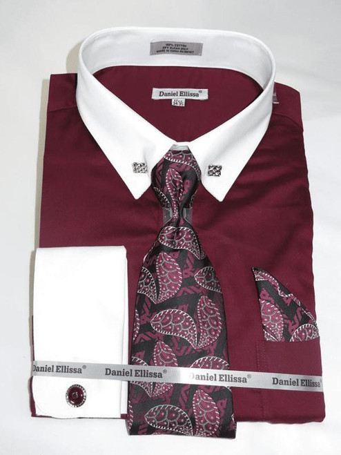  DE Big Man Burgundy Collar Bar Dress Shirt Tie Hanky Set DS3790P2 Final Sale 