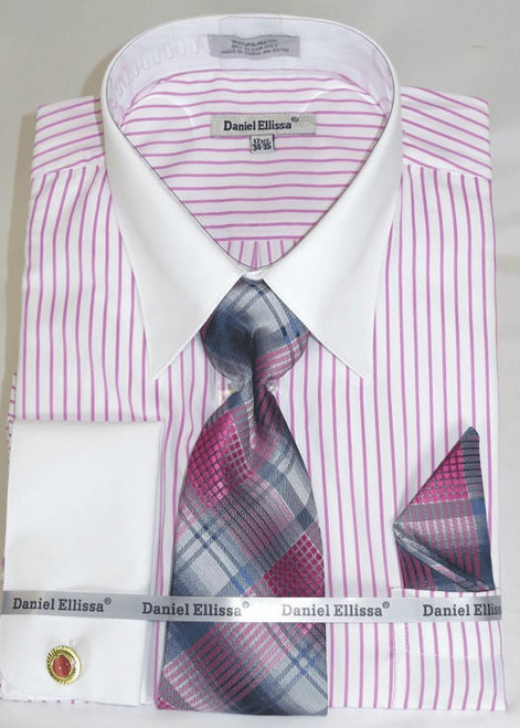  French Cuff Shirt and Tie Set Pink Stripe White Collar DS3814P2 Final Sale 