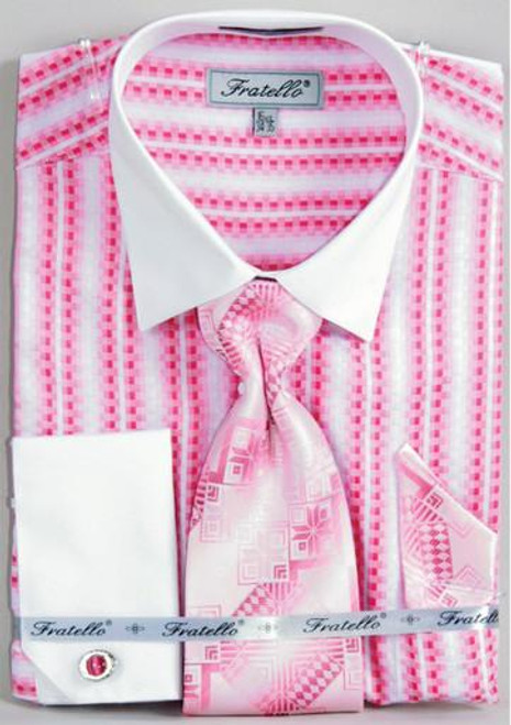 Fratello Fuchsia Jacquard Stripe French Cuff Shirt Tie Set FRV4130P2 Size 18.5 36/37 Final Sale 