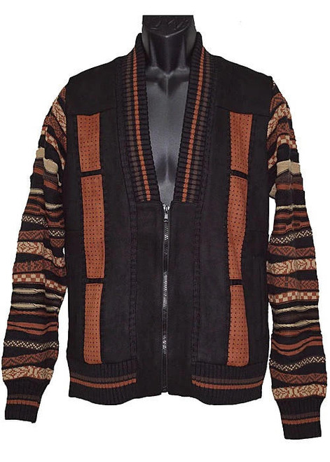  Lavane Mens Cardigan Sweater Suede Front Black Zip Up 2252 