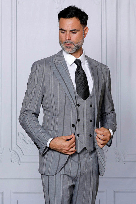  Manzini Mens Stripe Three Piece Suit Gray Modern Fit Italia 