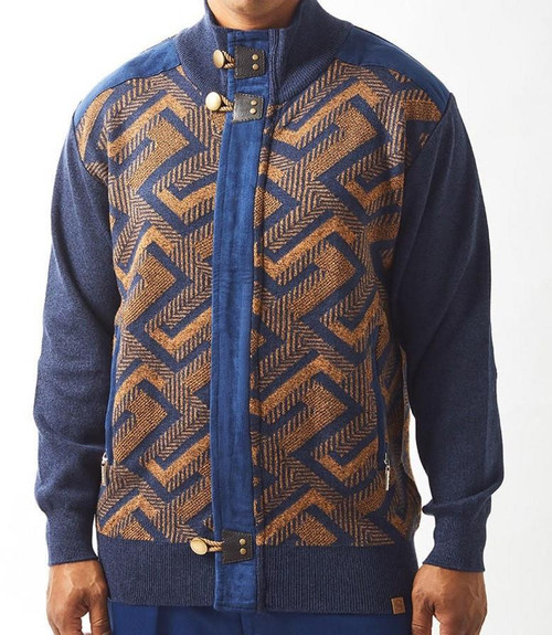 Silversilk Mens Brown Zipper Front Sweater Geo Pattern 61006