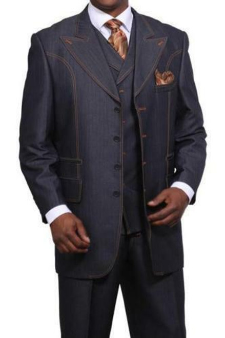  Milano Mens Navy Sharkskin Fashion Suit with Denim Stitch 5608 Size 40R, 42R Final Sale 