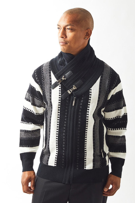  Silversilk Mens Black White Striped Zip-up Sweater Wrap Neck 61028 