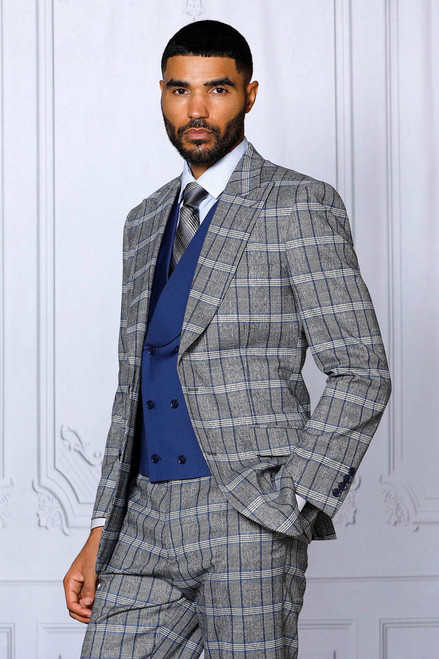  Insomnia Men's Sapphire Blue Plaid Fancy Compose Suit Tailor Fit Paris-2 