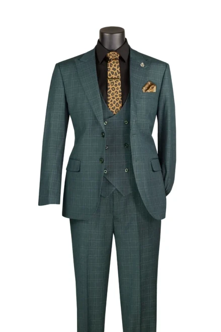 Men's Plaid Church Suit with Vest 3 Piece Forrest Green 1920s Fashion V2RW-16