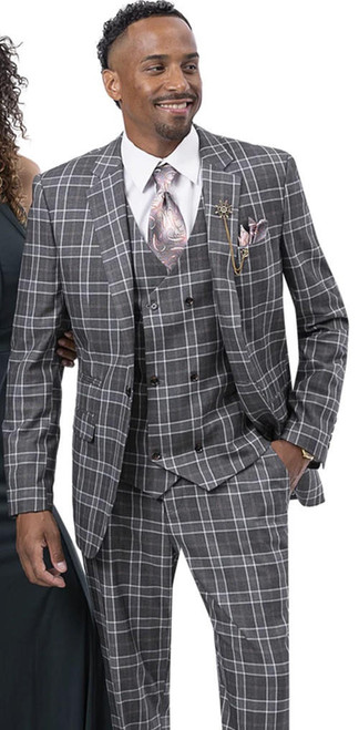  EJ Men's Gray Plaid 3 Piece Plaid Fashion Suit DB Vest M2799 