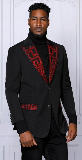  Manzini Mens Ornate Greek Key Black Red Fashion Blazer MZS-532 