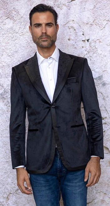  Manzini Mens Fancy Velvet Black Double Breasted Fashion Blazer MZV-562 