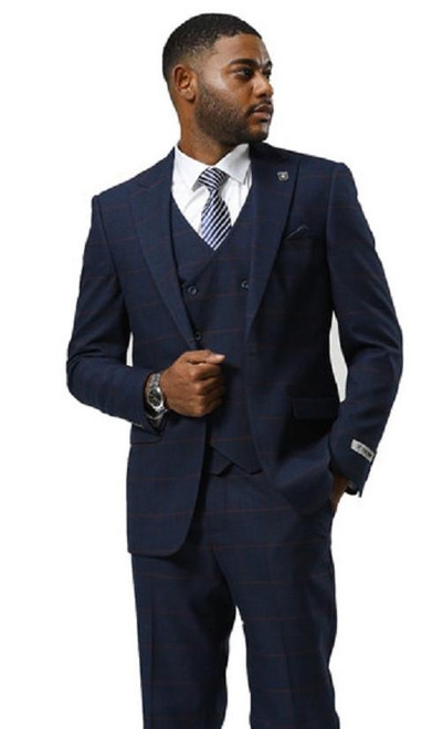 Stacy Adams Men's Glen Plaid 3 Piece Suit Blue SM183H-02