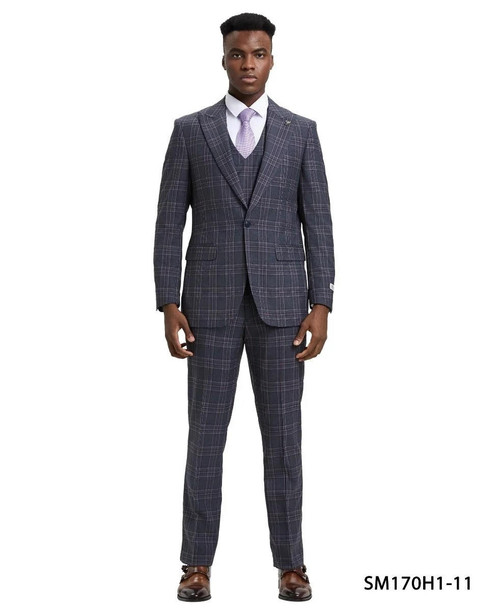  Stacy Adams Men's Charcoal Square 3 Piece Suit Peak Lapel SM170H1-11 