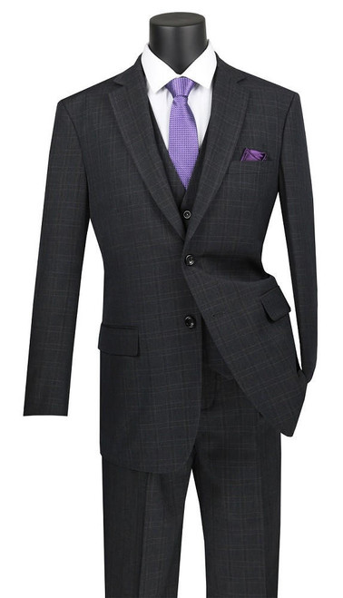  Vinci Men's Black Windowpane 3 Piece Suit Muted Plaid V2RW-15 