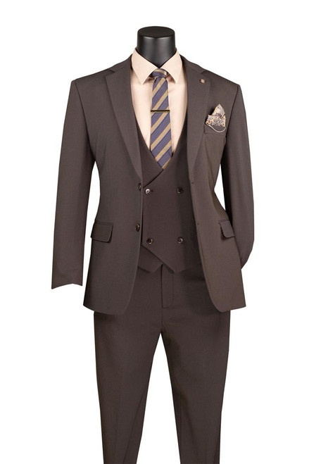 Vinci Mens Brown Modern Fit Suit 3 Piece Vest Stretch Vinci MV2K-3 