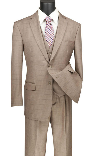  Vinci Men's Tan Windowpane 3 Piece Suit Muted Plaid V2RW-15 