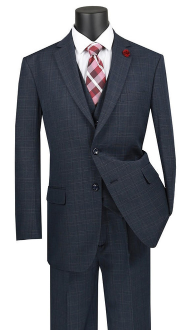  Vinci Men's Navy Windowpane 3 Piece Suit Muted Plaid V2RW-15 