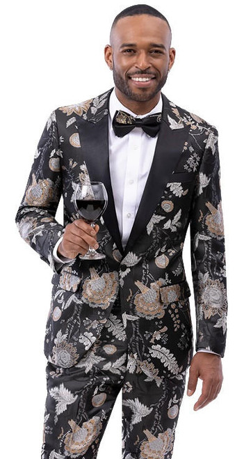  EJ Samuel Men's Black Gold Floral  Fashion Prom Party Suit JP133 