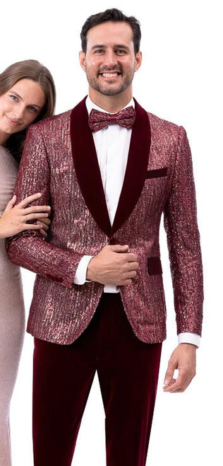  EJ Samuel Men's Wine Sequin Modern Fit  Shaul Collar Party Fashion Tuxedo JP131 