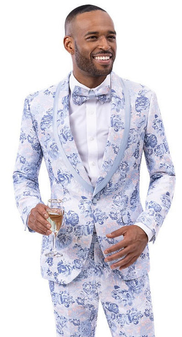  EJ Samuel Suit Men's Light  Blue Floral Fashion Prom Tuxedo JP127 