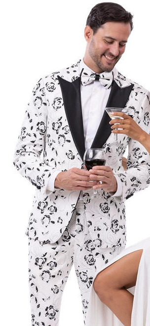  EJ Samuel Suit Men's White Black Floral Tailored  Party Tuxedo JP126 