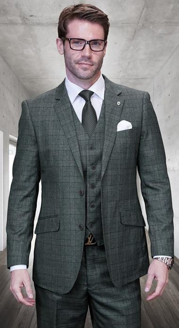  Statement Men's Hunter Green Plaid 3 Piece Tailored Fit Wool Suit Pagnoli 