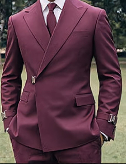  Statement  Double Breasted Belted Burgundy Wool Modern Fit Suit Bolanzo 