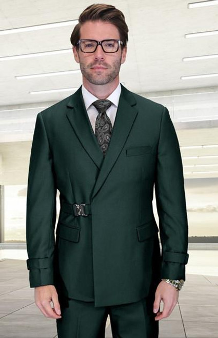  Statement Hunter Green Belted Double Breasted Style Wool Modern Fit Suit Bolanzo 