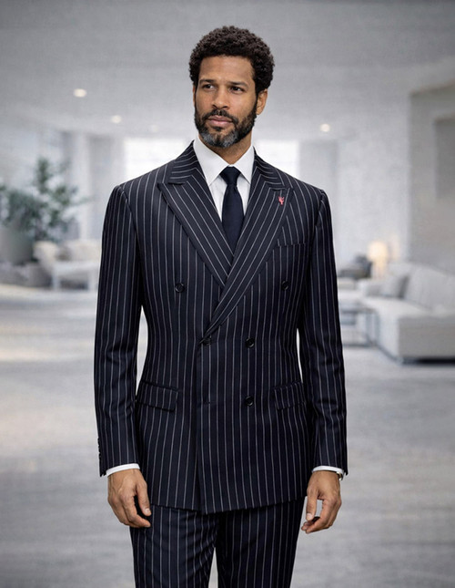 Statement Mens Double Breasted Pinstripe Black Tailored Fit SD-105