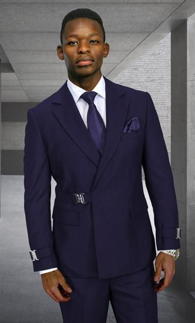  Statement Navy Belted Double Breasted Style Wool Modern Fit Suit Bolanzo 