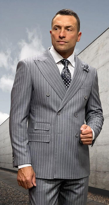  Statement Mens  Double Breasted Wool Grey Pinstripe Modern Fit Suit Kelly 