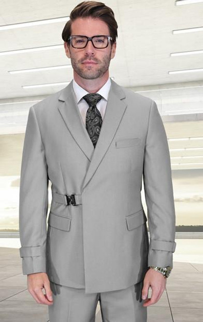  Statement Gray Belted Double Breasted Style Wool Modern Fit Suit Bolanzo 