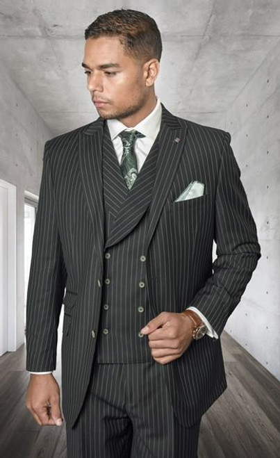 Statement Wool Suit Men's 3 Pc. Hunter Green Pinstripe Vest Suit Zarelli   Statement Wool Suit Men's 3 Pc. Hunter Green Pinstripe Vest Suit Zarelli