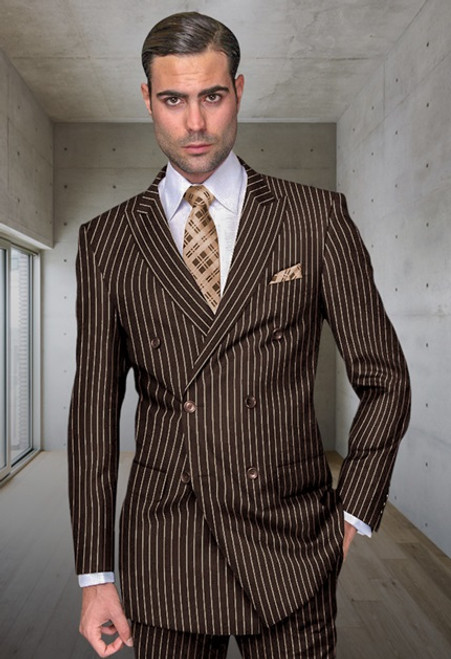 Statement Mens Double Breasted Wool Brown Vintage Pinstripe Suit DB-Zarelli
