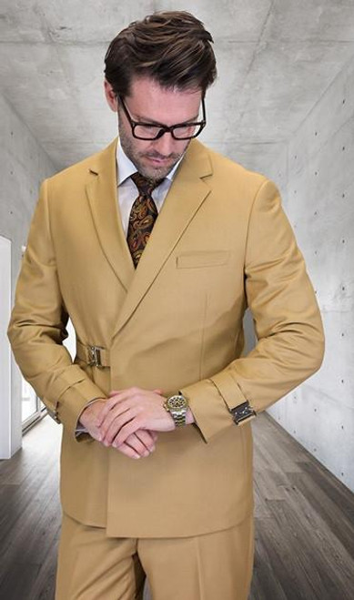  Statement Mens Camel Belted Double Breasted  Style Wool Modern Fit Suit Bolanzo 