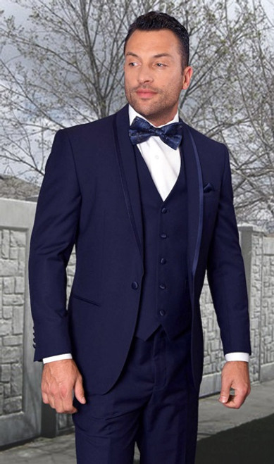 Statement Mens 3 Piece Navy Modern Fit Tuxedo Caesar