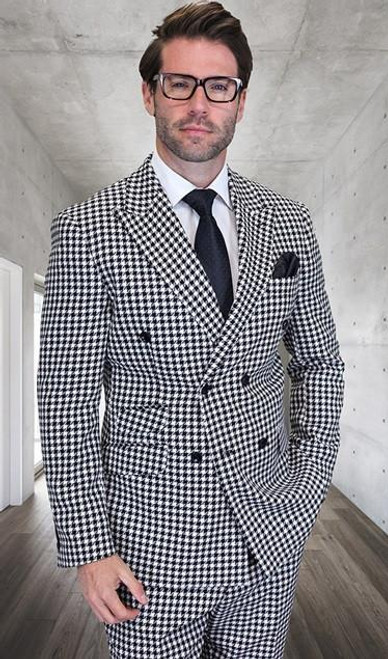  Statement Mens Black Houndstooth Double Breasted Style Wool Modern Fit Suit DB Masimo 