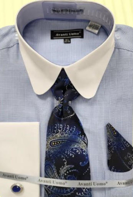  Avanti Mens Blue Plaid French Cuff Dress Shirt Set  Round Collar DN131M 
