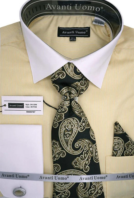  Avanti Uomo Mens Yellow Stripe French Cuff Dress Shirt Tie Combo DN129M 