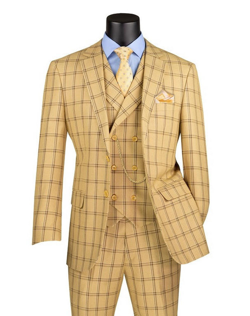  Vinci Men's Tan Plaid 3 Piece Modern Suit Fancy Vest MV2W-4 