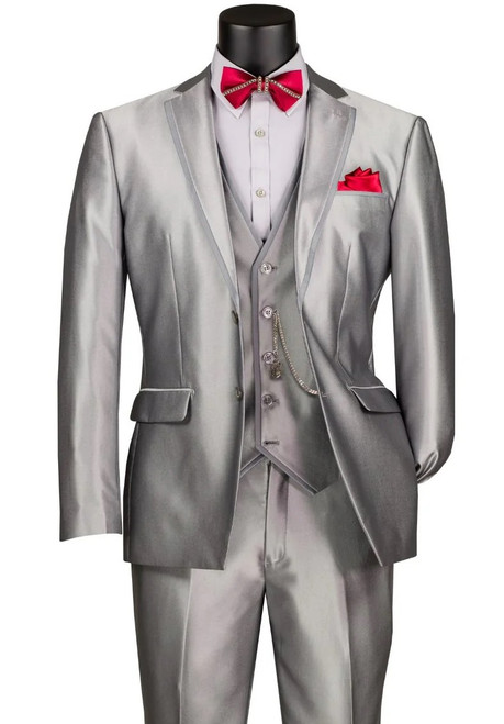 Mens Shiny Silver Fitted Prom Suit Wedding Tuxedo SV2D-1