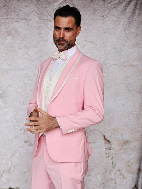  Manzini Mens Fancy Pink White Fitted Prom Suit Tuxedo Sunset 