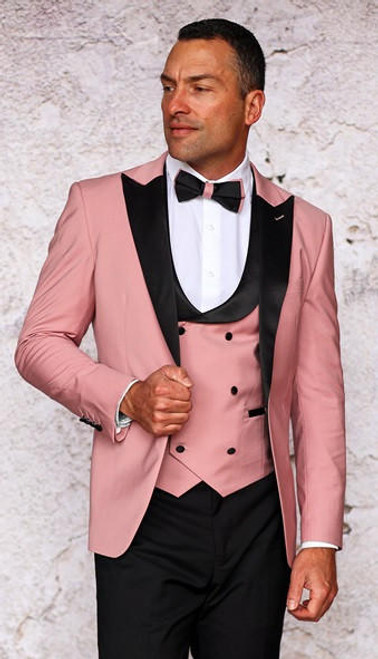  Manzini Fitted Stretch Tuxedo Vest Bow Tie Set Rose Gold Rome 