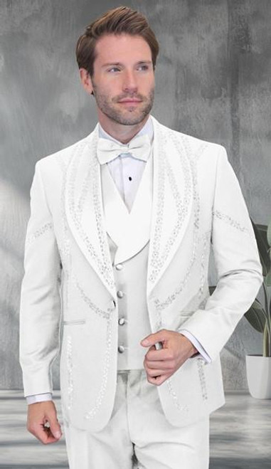  Staement Men's Fancy White Embellished Stone Design Modern Fit Fashion Tux Statement Chic 