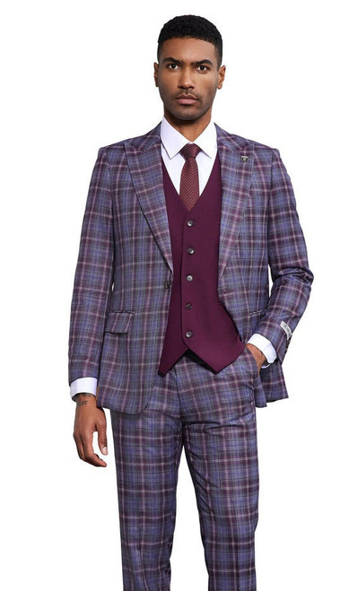 Stacy Adams Men's Plaid Suit Three Piece Blue Gold SM177H1-24