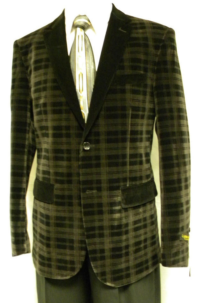 Carmashi Mens Grey Black Plaid Velvet Fashion Jacket B6082 Size 42R ...