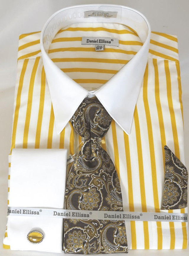 French Cuff Dress Shirt With Tie Combo White Gold Stripe DS3813P2   French Cuff Dress Shirt With Tie Combo White Gold Stripe Ds3813p2 Final Sale  64055.1693740244 