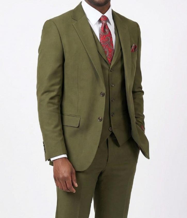 Pacelli Fashion Suit Lapel Vest Pleated Pants Olive Green Cameron