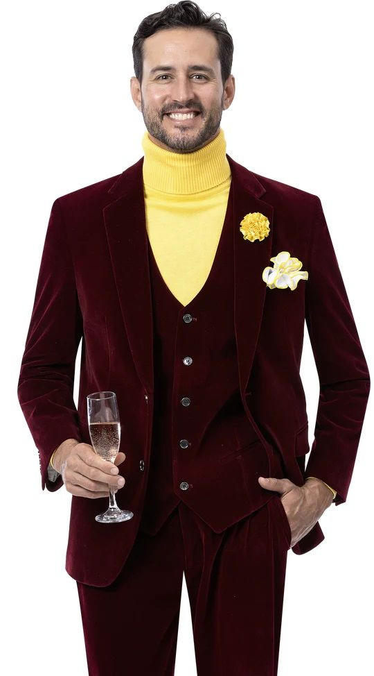 EJ Samuel Suit Men's Wine Velvet 3 Piece Modern Fit Fashion Suit ...