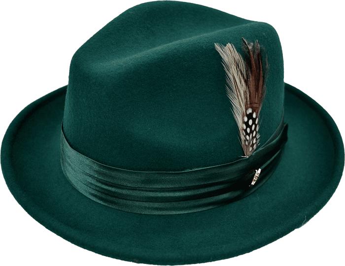 Bruno Emerald Green Fedora Hat with Feather for Men 100% Wool UN-115