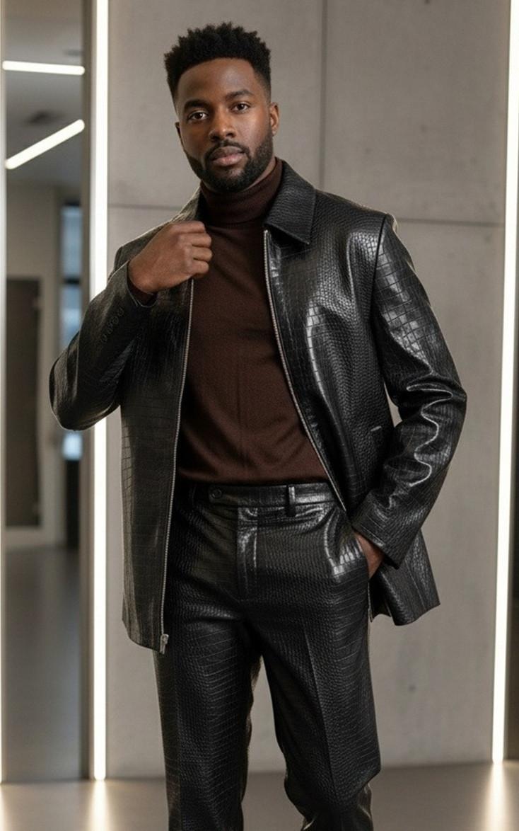 Pronti Leisure Suit Black Crocodile Print Vegan Leather BP6793